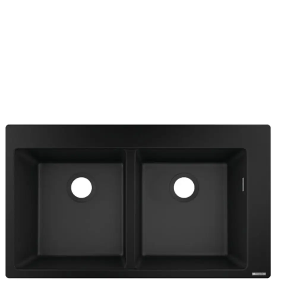 Doppelte Einbauspüle in Graphitschwarz von Hansgrohe mit zwei gleichgroßen Becken und mittigem Loch für Armatur.